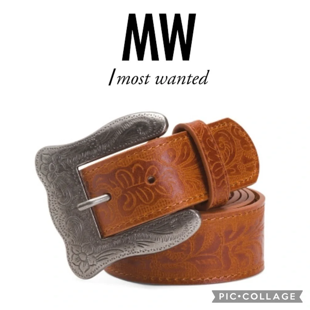 MOST WANTED Leather Wide Western Buckle Tooled Embellished Belt size L NWT